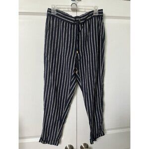 Ellen Tracy Linen Pants Womens S Blue Stripe Cropped Coastal Drawstring Boho